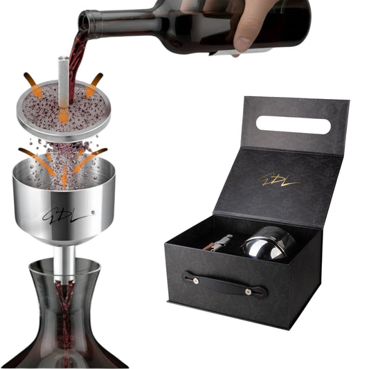Set Sommelier Premium-Imbuto Decanter, Aeratore e Filtro Doppio Strato in Acciaio Inox Ossigena ed Esalta Bouquet e Aromi, Trattiene Sedimenti-per Vini Rossi/Bianchi Invecchiati Cavatappi Box Elegante
