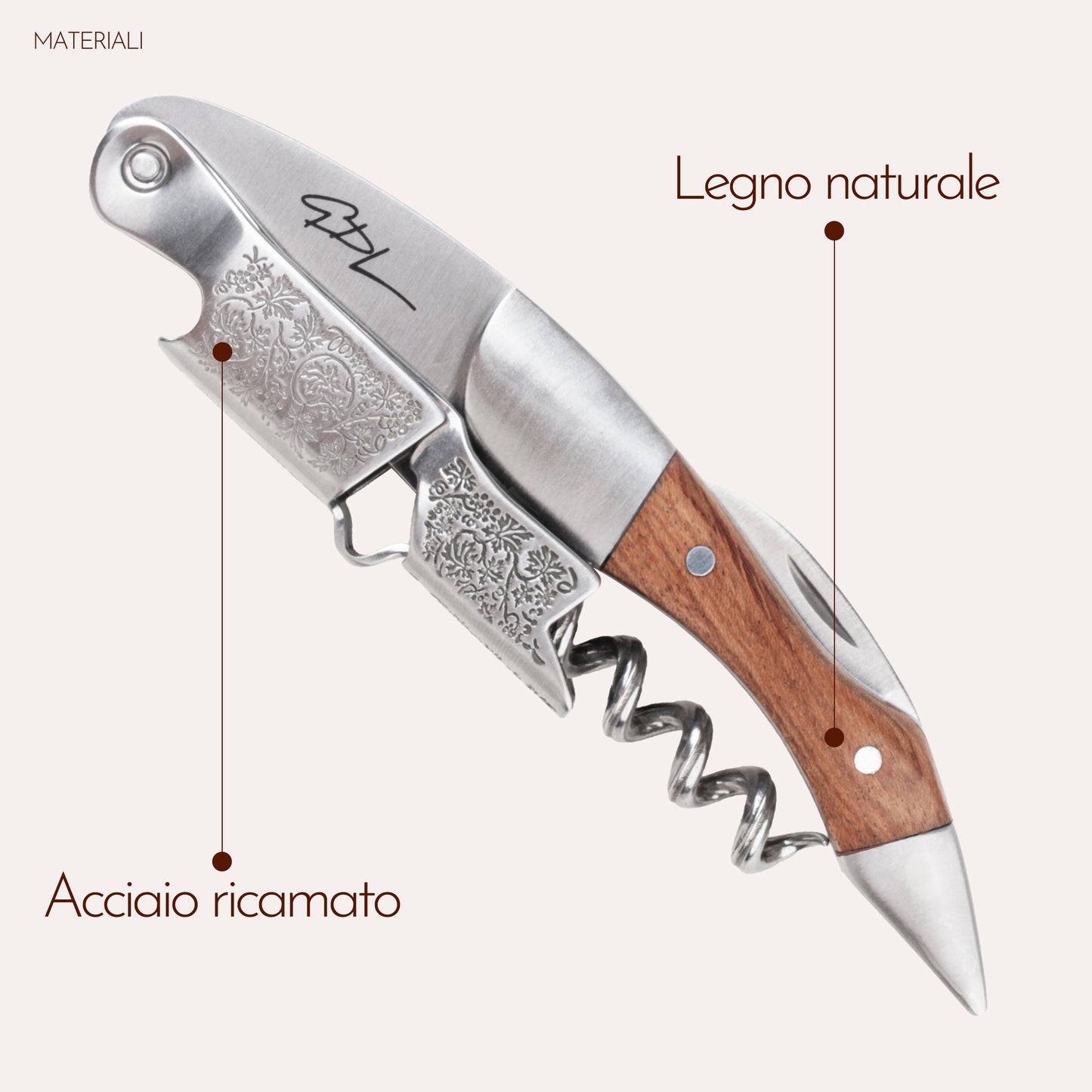 Cavatappi Professionale - Apribottiglie in Acciaio Inox con Manico in Legno e Scatola Rigida - Design Elegante e Compatto - Idea Regalo per Sommelier e Amanti del Vino