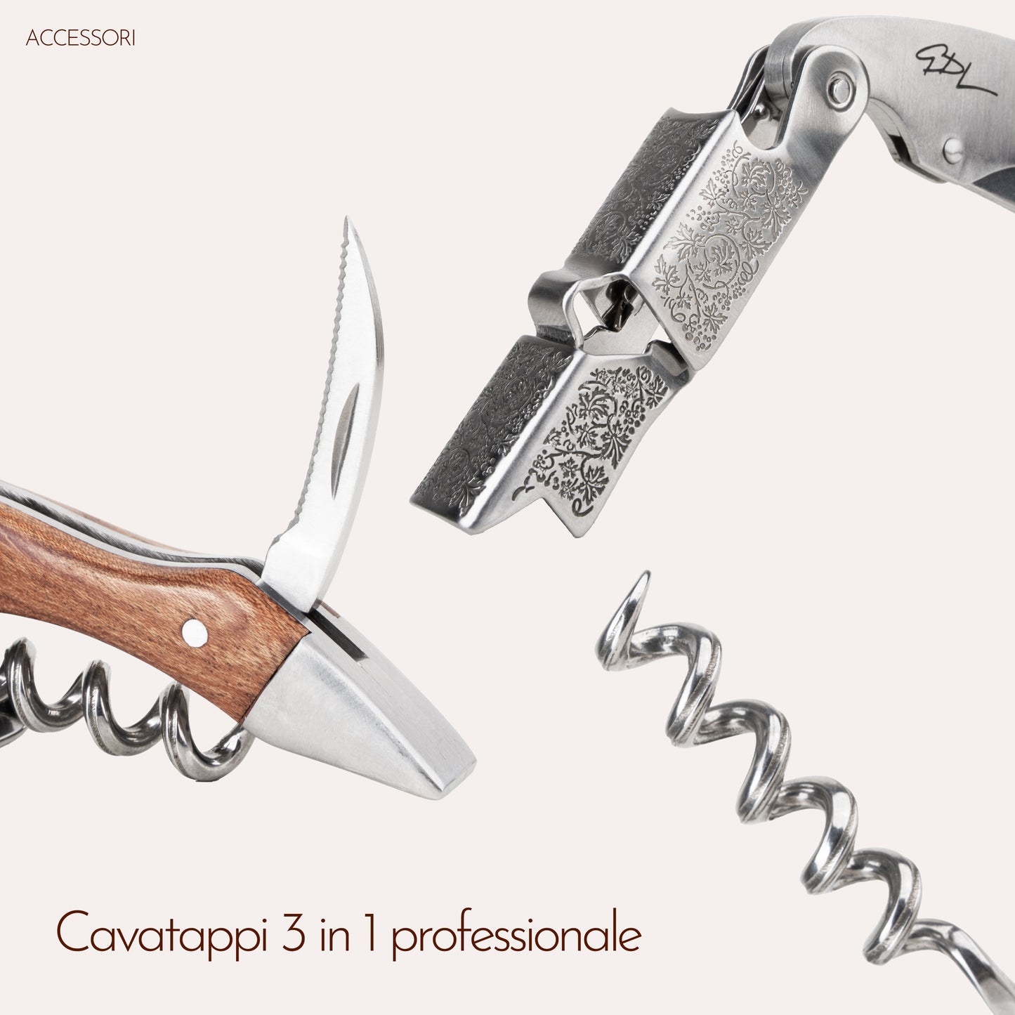 Cavatappi Professionale - Apribottiglie in Acciaio Inox con Manico in Legno e Scatola Rigida - Design Elegante e Compatto - Idea Regalo per Sommelier e Amanti del Vino