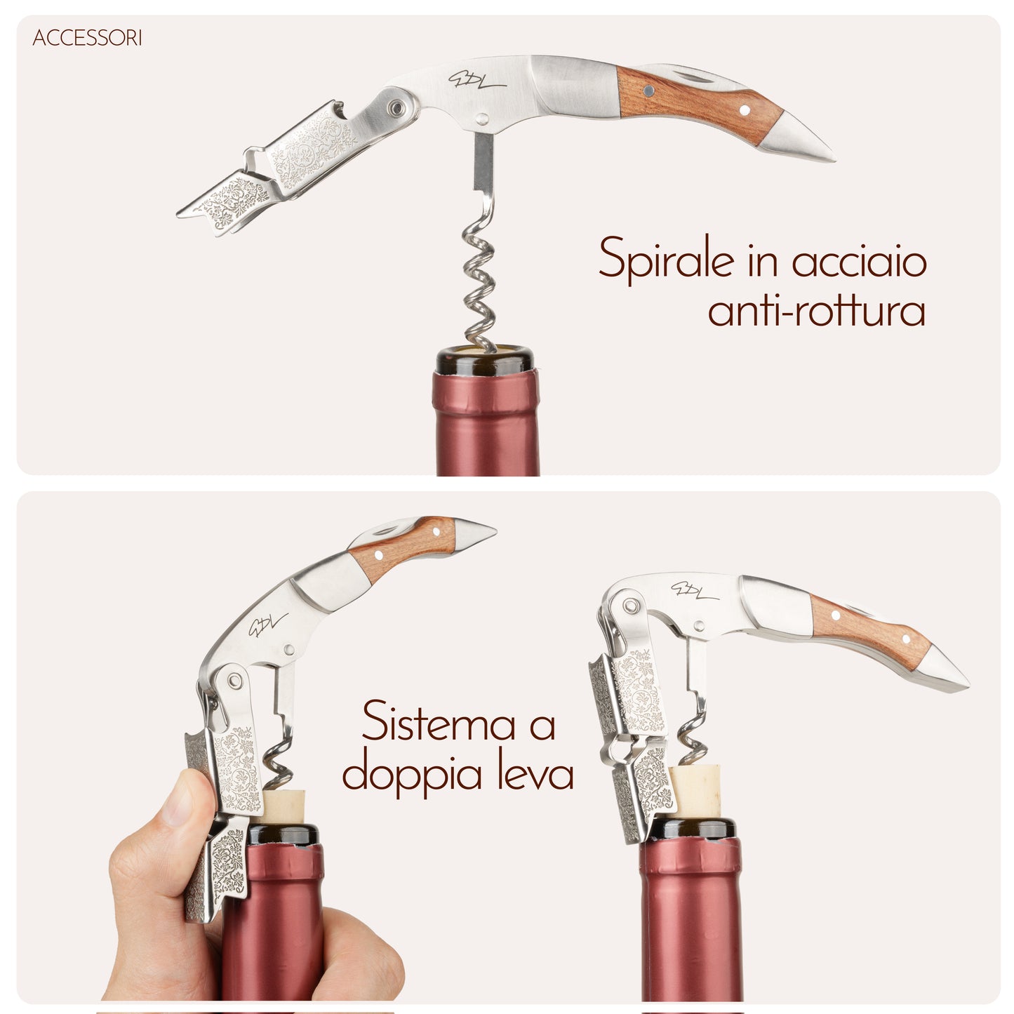 Cavatappi Professionale - Apribottiglie in Acciaio Inox con Manico in Legno e Scatola Rigida - Design Elegante e Compatto - Idea Regalo per Sommelier e Amanti del Vino